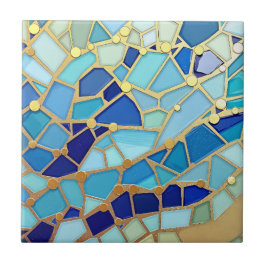 Mar de Ondas Azul e Dourado Mosaico Arte Refinada