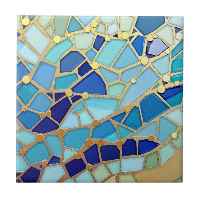 Mar de Ondas Azul e Dourado Mosaico Arte Refinada (Frente)