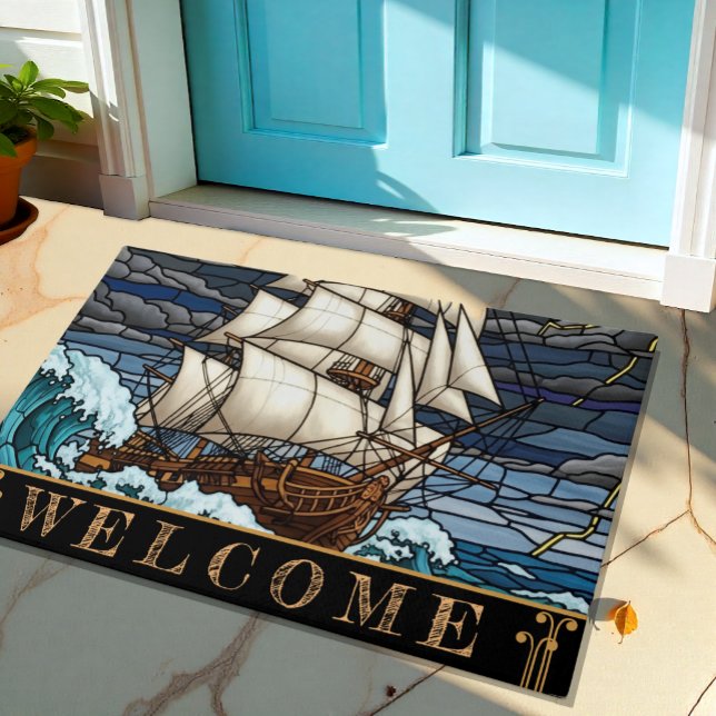 Mar Esgotado, Tapete de Navio, Dramático, Náutica  (Nautical Welcome Doormat with Ship at stormy sea)