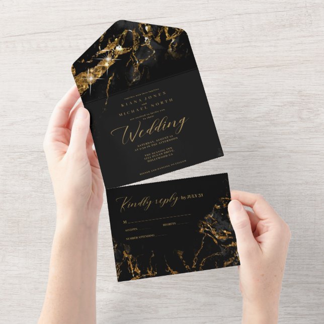 Marble Glitter Wedding Black/Dourado ID644 (Aba destacável)