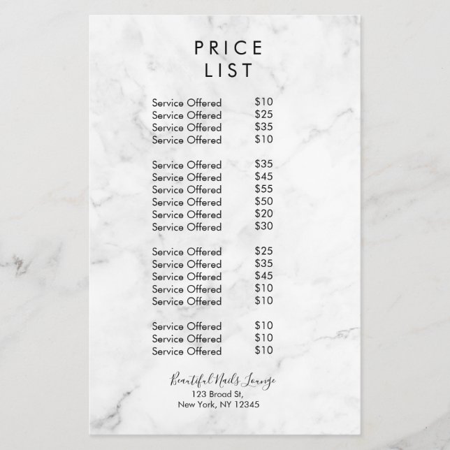 Marble Nail Salon Price List Flyer (Frente)