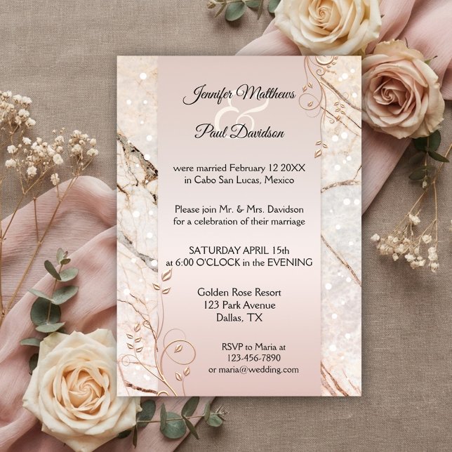 Marble Rosa Dourado Posto Floral Convite para Casa (After wedding invitation featuring rose gold floral swirls on a blush pink and marble background)