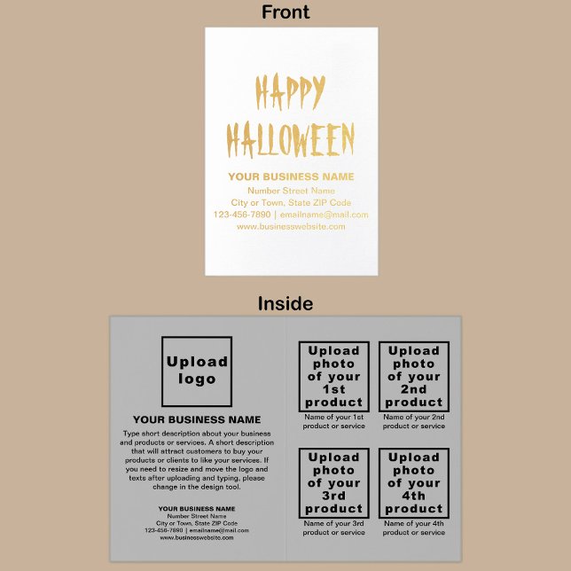 Marca comercial da cinza no cartão do dia das brux (Gray business brand with products or services on Halloween folded foil card.)