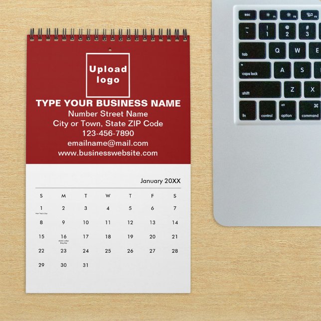 Marca Red Business no Calendário (Build brand name awareness. Red business branding on calendar displayed on office desk.)