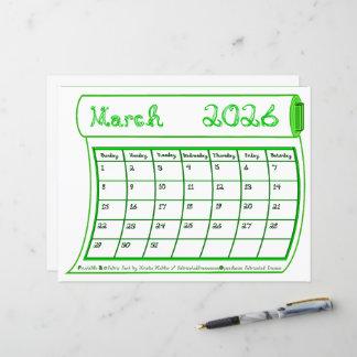 March 2026 Month Green Line Art Fabric Font Paper