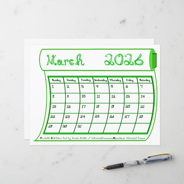 March 2026 Month Green Line Art Fabric Font Paper (Frente/Verso In Situ)