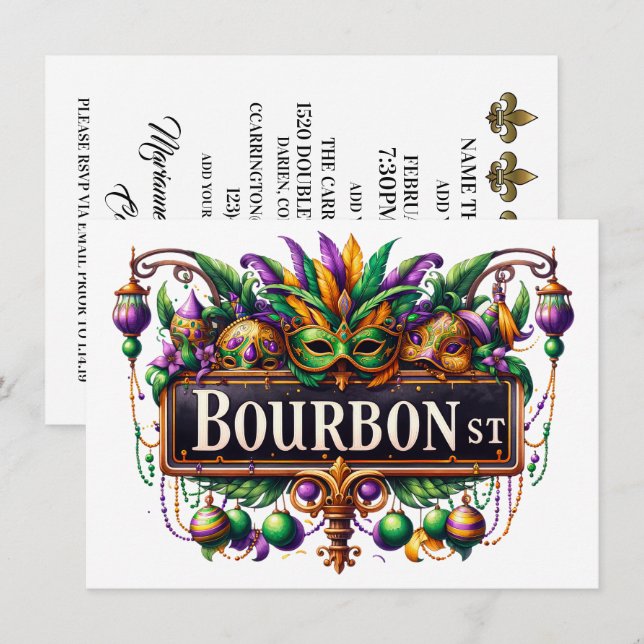 Mardi Gras - Convite de festas coquetel (Frente/Verso)
