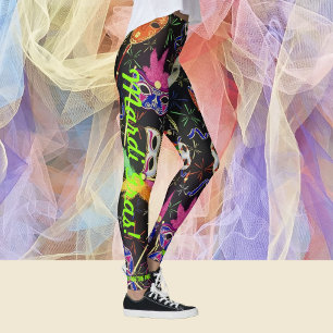 Mardi Gras Feather Máscara Calças de Leggings Femi
