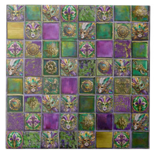Mardi Gras Masks Feathers Fleur de lis Tile Print