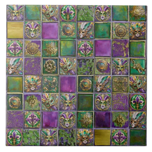 Mardi Gras Masks Feathers Fleur de lis Tile Print (Frente)