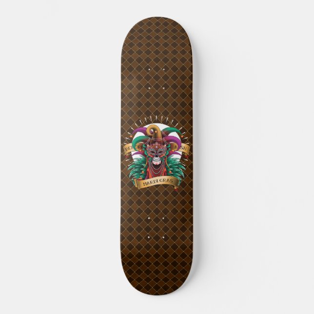 Mardi Gras Skull Jester New Orleans Skateboard (Frente)