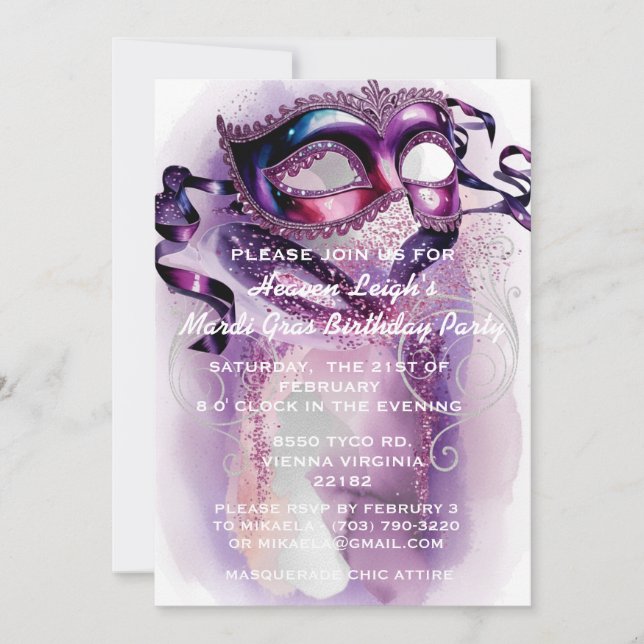 Mardi Gras Sweet 16 Masquerade Birthday Invitation (Frente)