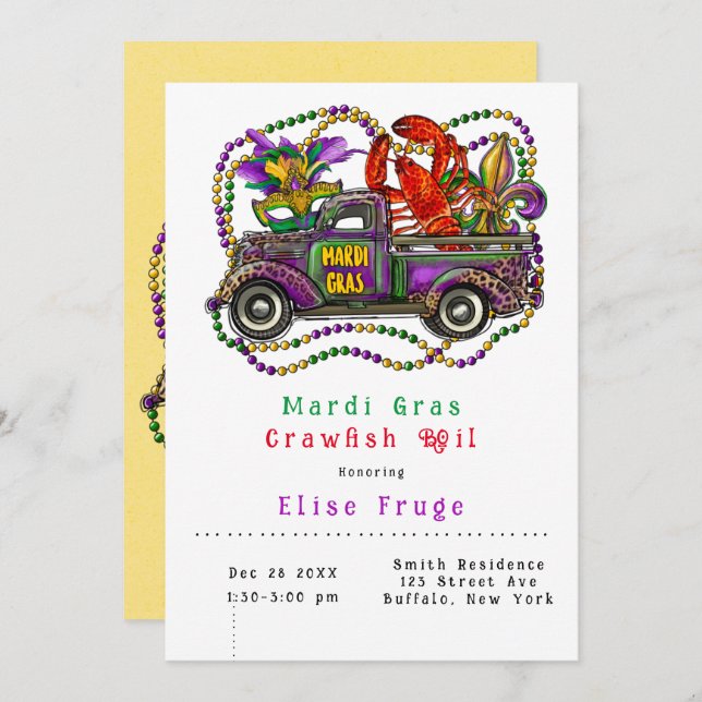 Mardi Gras Vintage Truck Crawfish Convite (Frente/Verso)