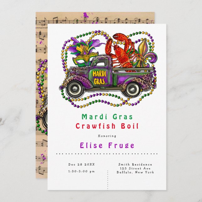 Mardi Gras Vintage Truck Crawfish Convite (Frente/Verso)