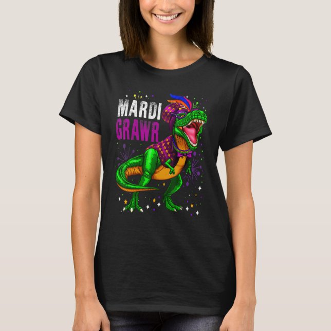 Mardi Grawr T Rex Dinossaur Camisa Mardi Gras Bead (Frente)
