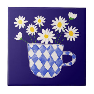 Margarida em Vaso de Cerâmica Aquarela Azulejo