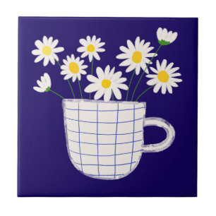 Margarida em Vaso de Cerâmica Aquarela Azulejo