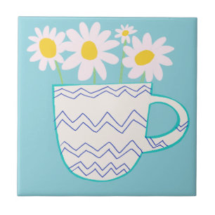 Margarida em Vaso de Cerâmica Aquarela Azulejo