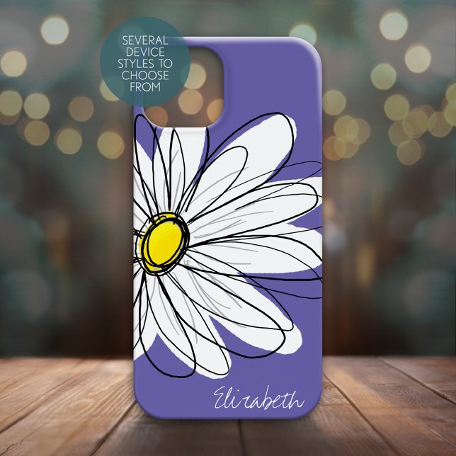 Margarida Whimsical Floral Ilustração Amarela (Personalized Phone Case - Whimsical Daisy with Custom Name)