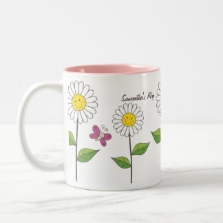 Margaridas de sorriso e caneca feita sob encomenda