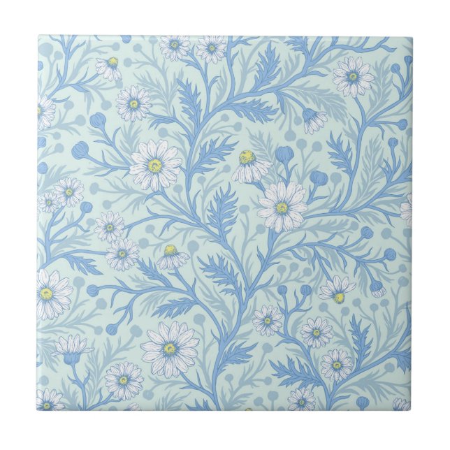 Margaridas em branco e azul sobre vidro marinho (Frente)