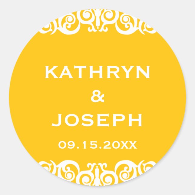 Marigold Victorian Scrol - etiqueta para o casamen (Frente)