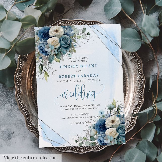 Marinho  adorável Convite de casamento de rosas br (Lovely Navy Blue Silver White Roses Wedding Invite)