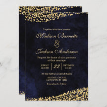 Marinho Azul-Aquarela e Convite Dourado para Casam