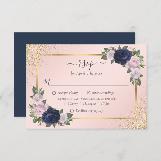 Marinho Azul Blush Dourado Casamento RSVP Escolha  (Frente/Verso)