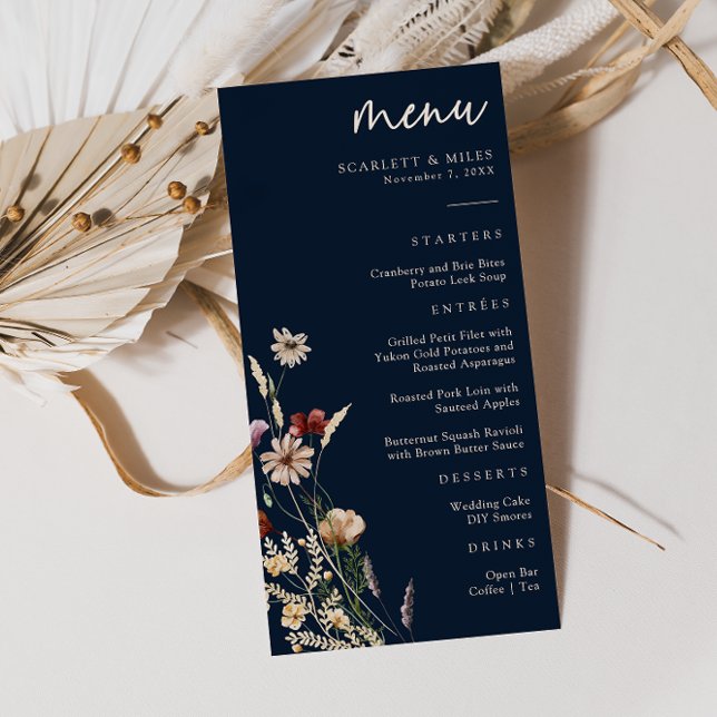 Marinho Azul Boho Floral Menu Casamento (Criador carregado)