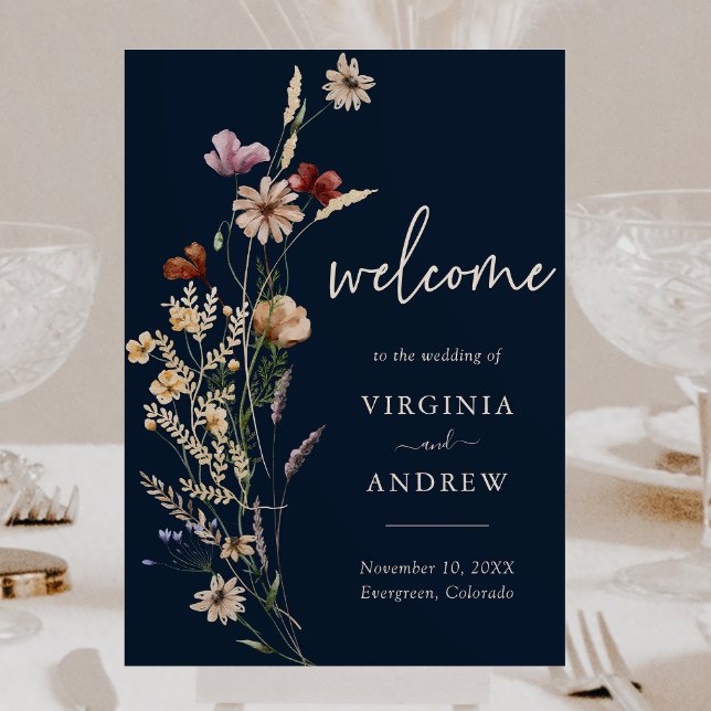 Marinho Azul Boho Floral Poster de Bote de Boas-vi (Navy Blue Boho Floral Welcome Sign Wedding Poster by Painted Paperie
)