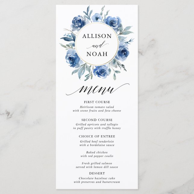 Marinho azul branco branco floral menu de casament (Frente)