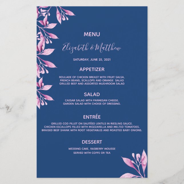 Marinho azul cor-de-rosa floral menu de casamento (Frente)