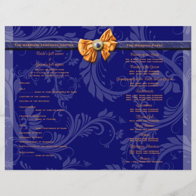 Marinho azul damasco floral ribbon casamento (Frente)