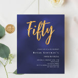 Marinho azul de ouro orçamento 50.o aniversário co<br><div class="desc">Um convite moderno e na moda para uma 50ª festa de aniversário para ele e para ela. A cor azul é irregular. Fundo azul marinho e a palavra 50 escrita com letras douradas falsas grandes. Personalize e adicione um nome e detalhes da parte. Texto branco. 1 folha = 1 convite...</div>