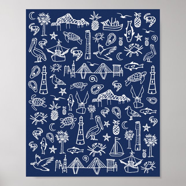 Marinho Azul do Charleston Toile Poster (Frente)