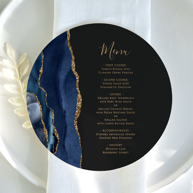 Marinho Azul Dourado Agate Plate Menu Casamento (Criador carregado)