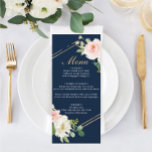 Marinho Azul Dourado Blush Menu<br><div class="desc">Mostre seu menu delicioso nestas cartas adoráveis - tamanho perfeito para colocar em cada prato! Este design apresenta uma bela fonte de script e um belo buquê. Edite facilmente os itens de comida!</div>