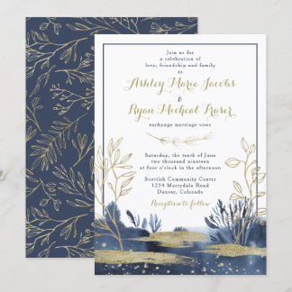 Marinho Azul Dourado Boho Casamento Floral Convite