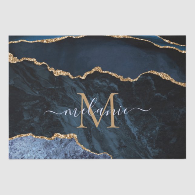 Marinho Azul Dourado Mármore - Letra Nome Papel Te (Frente )