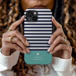 Marinho Azul e Aqua Quic Stripes Monograma Cardíac