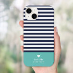 Marinho Azul e Aqua Quic Stripes Monograma Cardíac<br><div class="desc">capa de telefone personalizada na moda em aqua, azul marinho e branco. Este design apresenta um marinho clássico pré-disquete e um padrão listrado branco. Personalize-o com seu nome monograma ou outro texto personalizado com um símbolo cardíaco fofo. Use as ferramentas de design para escolher qualquer cor de fundo, editar as...</div>