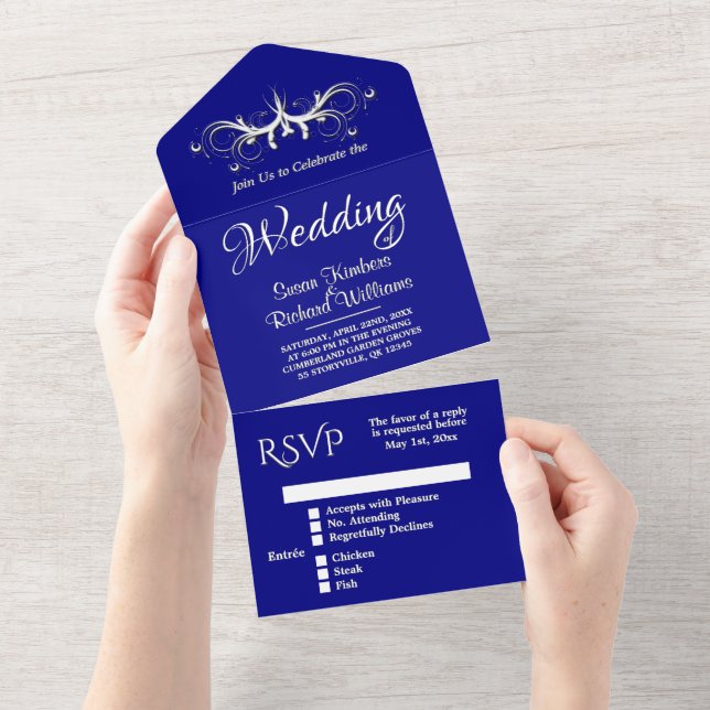 Marinho Azul e Branco Três Dobras w Casamento Rsvp (Aba destacável)