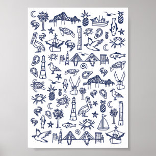 Marinho azul e Poster Mini Toile White Charleston