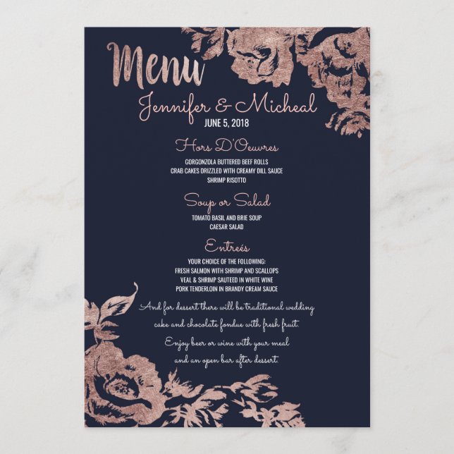 Marinho Azul e Rosa Dourado Menu Floral Casamento (Frente)