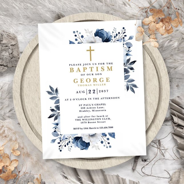 Marinho Azul Elegante Moderno, Convite Floral Para (Navy Blue Elegant Modern Floral Baptism Invitation Postcard)