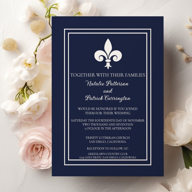 Marinho Azul Fleur de Lis Convite para Casamento (Navy Blue Fleur de Lis Wedding Invitation)