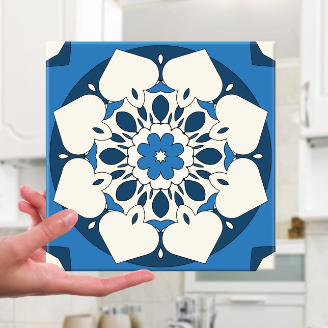 Marinho Azul Floral Azulejo Mediterrâneo (Modern Mediterranean tile featuring a geometric floral star design in navy blue with ivory)