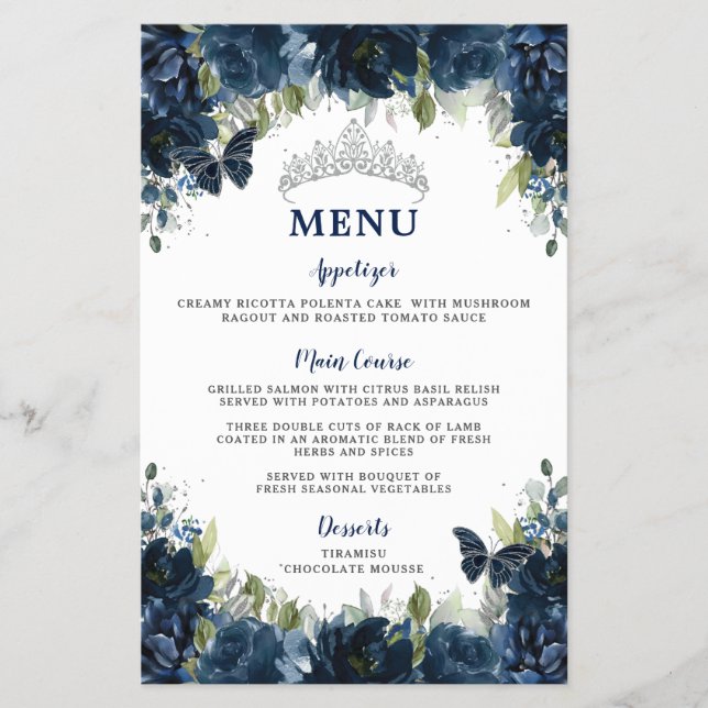 Marinho Azul Floral Doce 16 Quinceañera Menu (Frente)