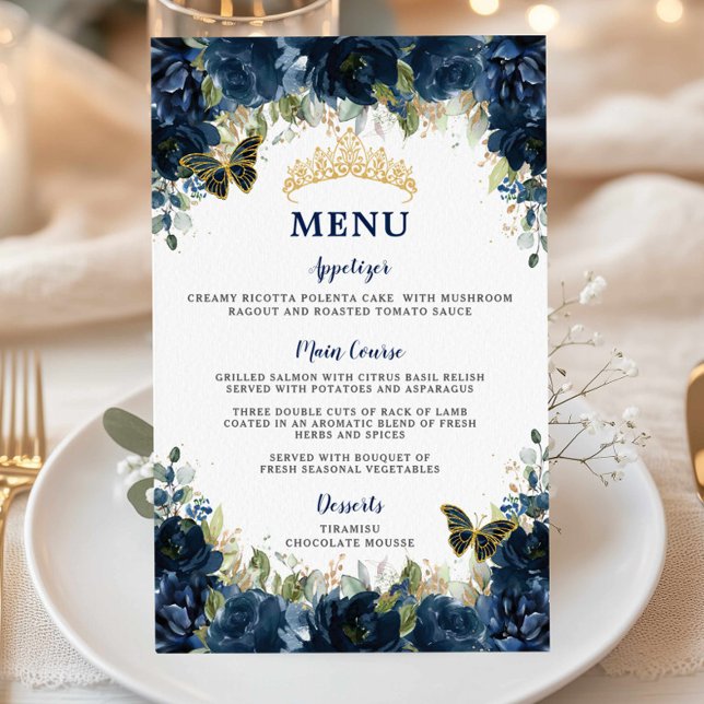 Marinho Azul Floral Doce 16 Quinceañera Menu (navy-blue-floral-butterflies-gold-tiara-quinceanera-sweet-16-birthday-party-cheap-budget-menu-sheets)